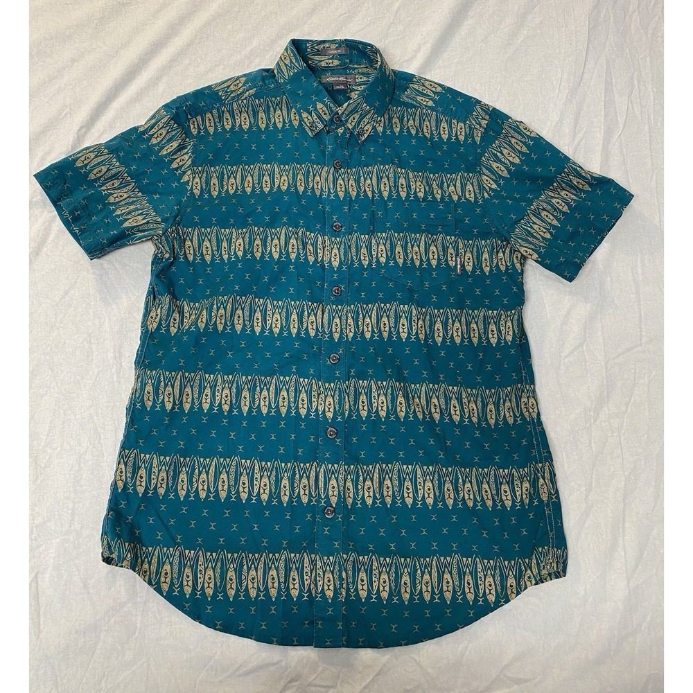 Eddie Bauer Fish Pattern Shirt Mens Medium Teal Short Sleeve Button Up